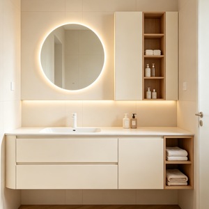 Modern <b>Bathroom</b> Vanity <b>Cabinet</b> <b>Wall</b> Mounted Storage Unit with Open Shelves Soft Close Drawers for Apartment Villa - Product Image 1