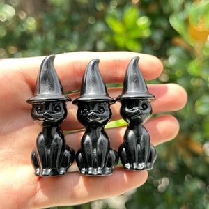 Artisanat en cristal <span class=keywords><strong>de</strong></span> haute qualité naturel Hotsale Magic Cat sculpté à la <span class=keywords><strong>main</strong></span> obsidienne noire Magic Cats sculptures pour la décoration - Product Image 2