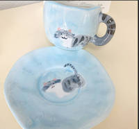 Mug en céramique peint à la main MSH Blue Cat, mug à café en céramique sculpté à la main avec un chat mignon