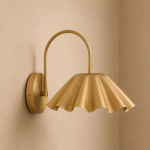 Brass Ruffle <b>Wall</b> Sconce with Wide Flower Shade Gooseneck Mid Century <b>Bedside</b> Lamp Elegant Decorative Interior <b>Lighting</b> - Product Image 1