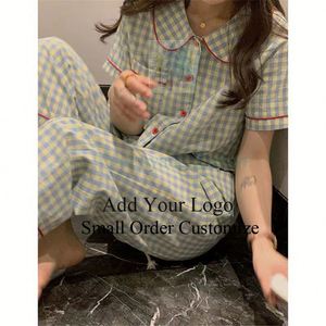 Woman Long Sleeve <strong>Spring</strong> and Autumn Summer Cardigan Korean Version of Lady Size Thin Check Milk Silk Home Wear Two Suit Pajamas - Product Image 2