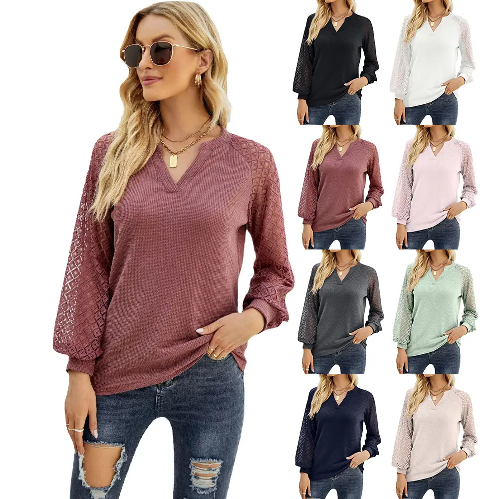 2022 Fall Winter Women's Long Sleeve T Shirts Loose Tops Solid Sexy V neck Splicing Lace Ladies Modest Blouse Women