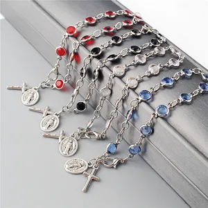 宗教Jwewlry新项目BRA001金属与仿石珠天主教念珠手镯与处女玛丽挂角