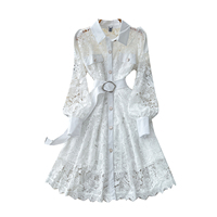 Robe chemise en dentelle à manches longues pour femmes, avec ceinture à la taille, boutonnée, courte, pour le printemps et l'été