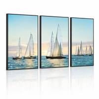 Lot de 3 tableaux encadrés en toile, thème bateau à voile, cadre noir, paysage marin, heure dorée, photographie nautique, triptyque côtier