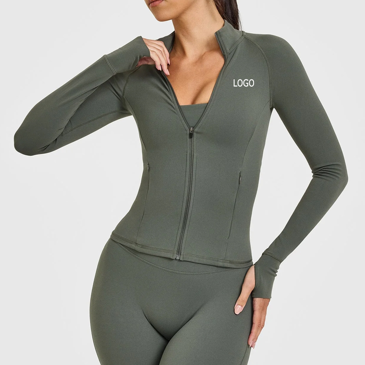 High Neck Collar Full Length Zip Yoga Tops Slim Fitted Invisible Pocket Jacket Long Sleeves With Thumbholes
