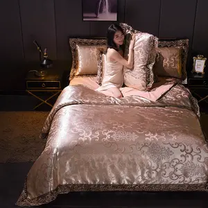 床上用品套装床单纺织品，奢华欧式缎面提花金色纯缎丝绸羽绒被套枕头床上用品套装/