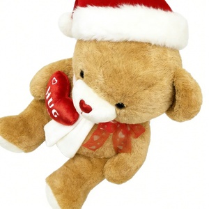 Customized Christmas teddy bear plush with Santa <b>hat</b>,Hug heart brown bear stuffed <b>animal</b>, Holiday gift teddy bear with red heart - Product Image 1