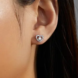 Special Trend Fashion Platinum Plated Heart Stud Earrings Rounded Silver Brass With Claw Setting For Women