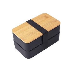 Double-Layer Bamboo Lid Lunch <b>Box</b> Black PP <b>Plastic</b> Square Bento <b>Box</b> With Utensils Insulated Set For Daily Use - Product Image 5