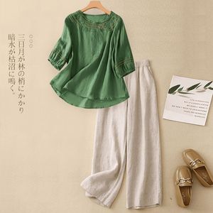 Ethnic Style Women's Two Piece Set Cotton Linen Top With Embroidery Wide Leg <b>Pants</b> Casual Breathable <b>Three</b> <b>Quarter</b> Sleeve - Product Image 4