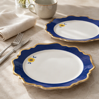 Service de table en céramique à motif tournesol, bordure bleue et dorée, style occidental, logo personnalisé, vaisselle décorative pour hôtel, vente en gros