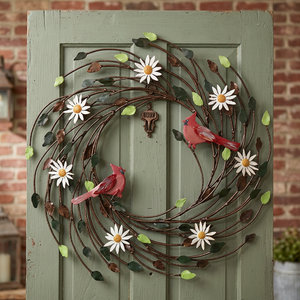 Corona de metal rústica con pájaros rojos y flores de margarita, decoración de pared hecha a mano, forma redonda, sin iluminación - Product Image 2