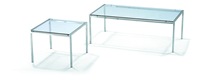 Ensemble de tables gigognes modernes et minimalistes à plateau en verre réglable, cadre chromé, table basse et table d'appoint pour salon