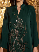 Robe de soirée élégante pour femme, col montant, manches longues, ornée de sequins brillants, broderies et patchwork en satin, respirante, style musulman modeste