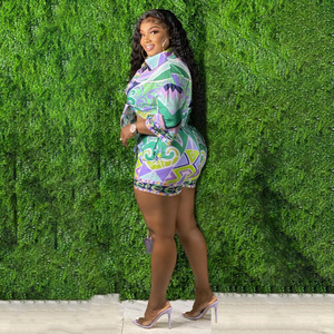 女式2025春夏时装街装套装优雅长袖印花上衣膝盖短裤2件套供应商上衣 - Product Image 5