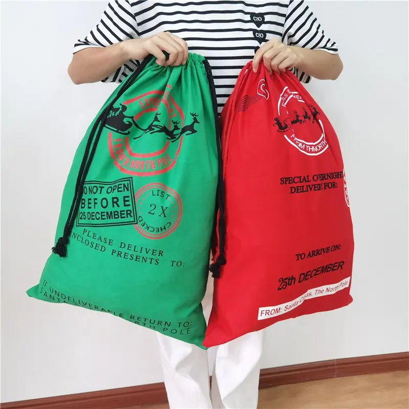 Chuanghua Customized Green Red Cotton Canvas Large Drawstring Christmas Bag Sacks For Santa Gifts Stockings Candy Nuts Package
