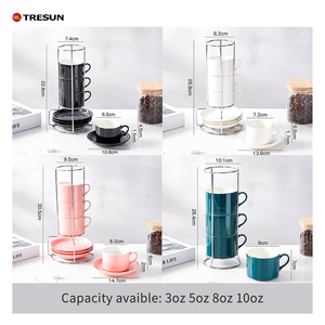 Lot de 4 tasses à expresso en céramique blanche avec soucoupes, 8 oz, empilables, pour cappuccino, avec support métallique - Product Image 3