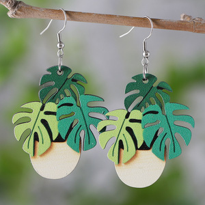 Boucles d'oreilles en bois Vintage Leaf Potted Pendant Boucles d'oreilles double face pour femmes Uionen 1200 - Product Image 2