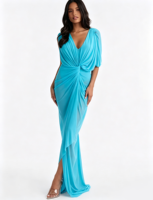 Robe de soirée longue grande taille en maille turquoise, décolleté en V profond, manches drapées torsadées, dos croisé, découpes, fente haute, vente en gros personnalisée