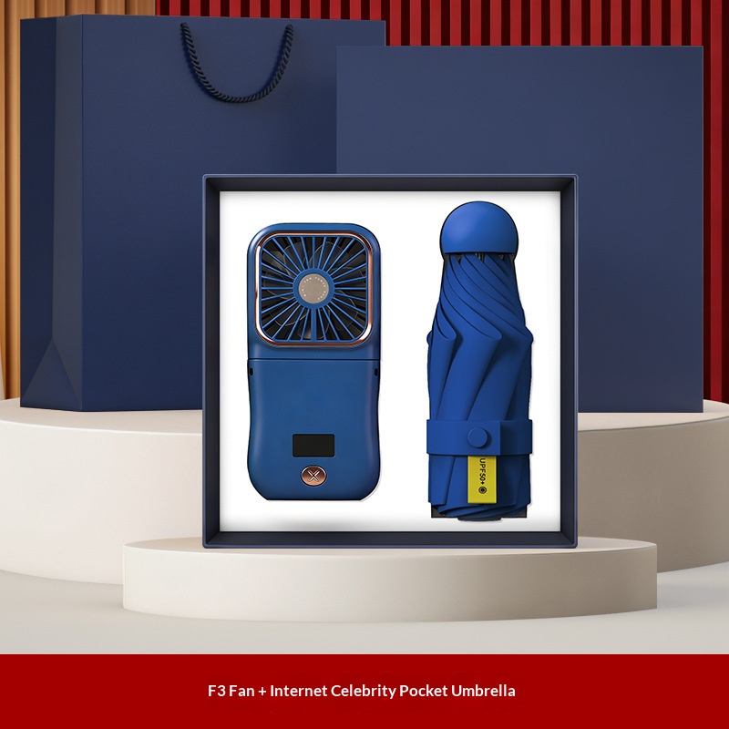 Ensemble deux pièces bleu : parapluie de star du web + ventilateur F3