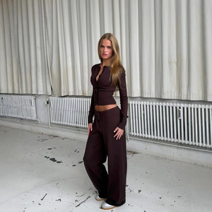 Bộ đồ dệt kim gợi cảm phong cách ham muốn tinh khiết Bộ hai món quần hai món cạp thấp tay dài cài cúc mùa thu - Product Image 4