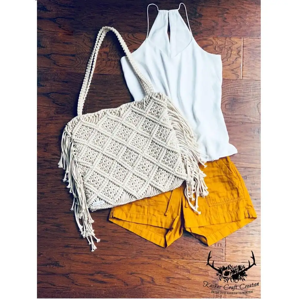 Modern Summer Hand Made Macrame Diamond Tote Bag Hand Crochet Bags For Gift Macrame Hand Bags