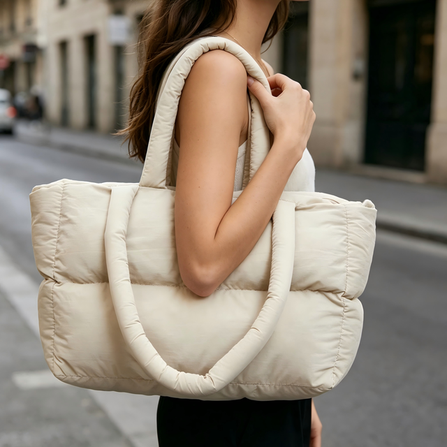 Wholesale Quilted Puffer Tote Bag Large Capacity Soft Puff Handbag Solid Color Down Jacket Shoulder Bag Cloud Tote Cloth Bag