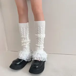 冬季女孩钩针保暖膝高长靴袜蕾丝电缆针织女式褶边护腿