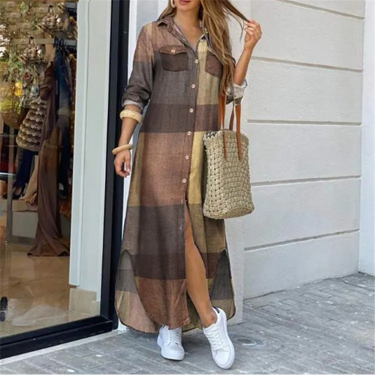 Single-breasted Maxi Dress Fashion Long Sleeve Women Cardigan Shirt Dress Casual Dresses Print Autumn and Winter Summer Knitted