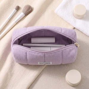 Pochette cosmétique mini en velours côtelé lilas, matelassée et rembourrée, étui à maquillage fin, trousse à crayons zippée, logo personnalisé OEM - Product Image 4