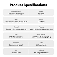 Sèche-cheveux électrique professionnel 2200W à moteur DC ionique, 2 vitesses, avec concentrateur et diffuseur pour salon et usage domestique