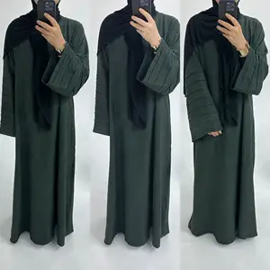 Modest Muslim Linen Abaya Dress With Wrinkle Sleeve Solid Color Robe For Women