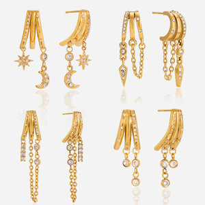 Boucles d'oreilles pendantes en acier inoxydable plaqué or 18 carats avec strass, trois couches, anneau en C, pompon, bijoux géométriques pour femmes - Product Image 1