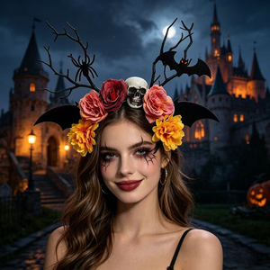 Diadema de Halloween con cuernos, calavera, rosa, murciélago, araña, rama floral gótica, bandas para el cabello rojas y negras para cosplay y fiestas de disfraces - Product Image 2