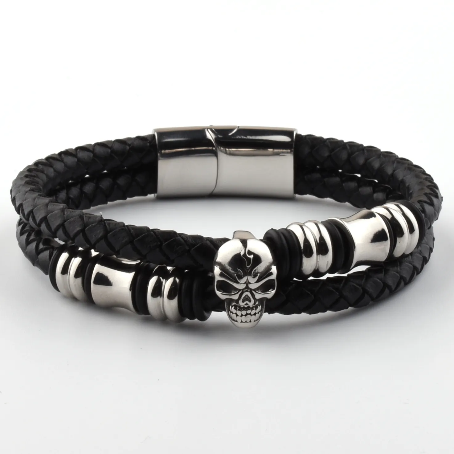 Latest Design Punk Rock Designs Custom Braided Leather Stainless Steel Skull Bracelets