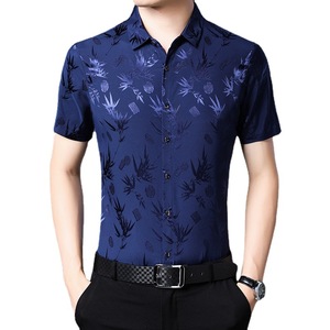 Chemise à manches courtes en soie glacée à motif floral pour homme, fine, respirante, coupe ample, tenue décontractée d'été - Product Image 5