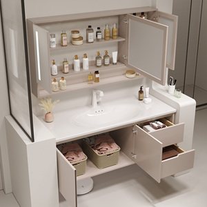 Meuble-lavabo minimaliste flottant avec miroir intelligent anti-buée, meuble-lavabo avec armoire et rangement à tiroirs - Product Image 4