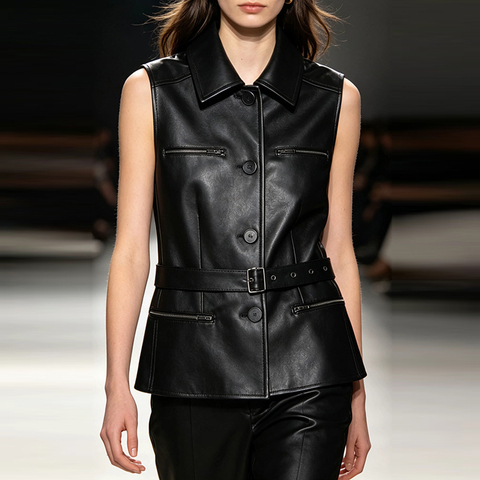 HN4276 2026 Summer Biker Style Waistcoat with Belt Zip Details Women's Turn-down Collar Vegetable-Tanned Sheepskin Leather Vest