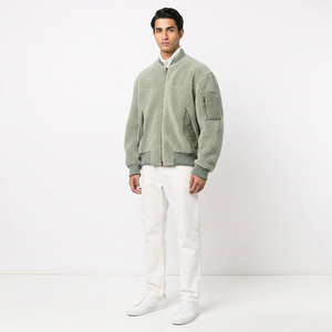 Blouson Bomber Homme Coupe Oversize en Toile et Cuir Fin, Coupe-Vent, à Capuche, Style Moto Biker, Col Montant, Fermeture Éclair, Côtelé - Product Image 1
