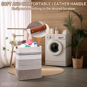 <span class=keywords><strong>Cord</strong></span>ão trançado Alto Cesta De Lavanderia Cesta De Roupas com Alça De Couro Sala De Estar Cobertor Cesta De Armazenamento Arroz Marrom e Branco - Product Image 2