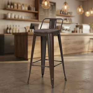 Taburete de Bar Moderno Multiusos BIS CD 7 Marrón con Base de Hierro Sólido y Asiento de Madera, Respaldo Alto, Ahorro de Espacio, Mueble para el Hogar - Product Image 3