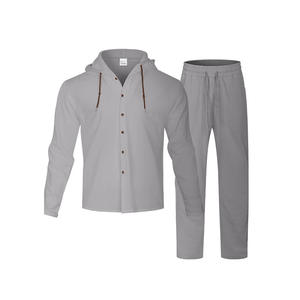 Ensemble décontracté homme transfrontalier : chemise unie à manches longues avec cordon de serrage, cardigan en coton et lin, et pantalon ample à col en V (2 pièces) - Product Image 4