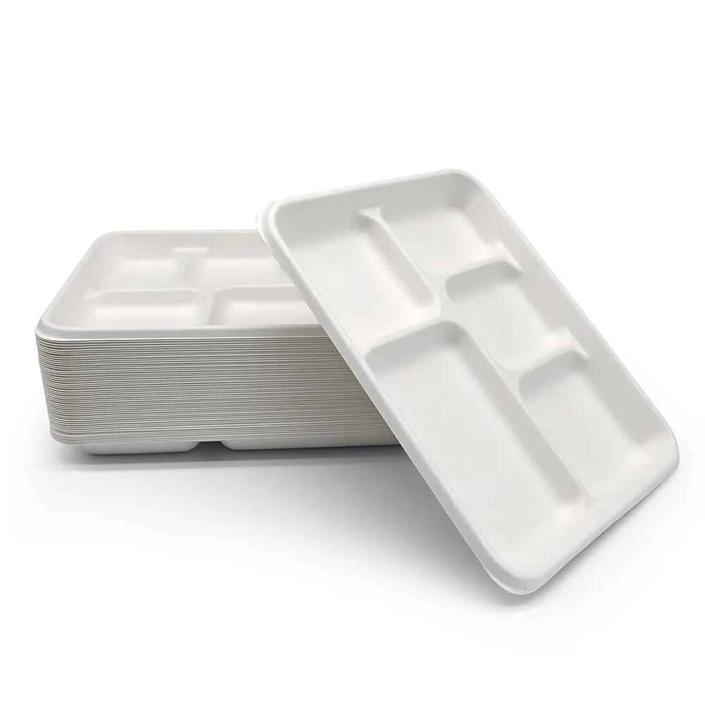 Personalizable 5 compartimento grasa microondas Eco amigable bagazo bandeja de comida Biodegradable desechables