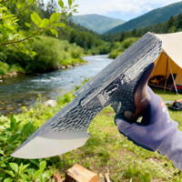 Hache de camping à lame large martelée à la main, manche en bois renforcé par rivets, outil de survie en plein air pour le bushcraft et la randonnée