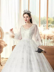 Gaun pengantin terlihat sederhana LY-WD0122, gaun pesta dansa leher V lengan setengah renda panjang lantai ukuran <span class=keywords><strong>Plus</strong></span> - Product Image 2