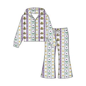 Ensemble sweat à capuche et pantalon évasé pour filles, imprimé Mardi Gras, manches longues, 2 pièces, tenues décontractées - Product Image 4