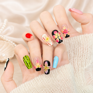 <span class=keywords><strong>Uñas</strong></span> Postizas de Lujo Premium Hechas a Mano con Flores Tropicales en 3D, <span class=keywords><strong>Uñas</strong></span> Acrílicas Reutilizables de Forma Cuadrada Corta, <span class=keywords><strong>Uñas</strong></span> Falsas Personalizadas al por Mayor - Product Image 3