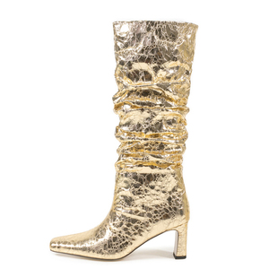 Wide Fit Women's Piled Pleated Upper Knee High Boots Chunky High Heels Stone Prints Shoes Big Size 45 on Long <b>Booties</b> - Product Image 1