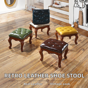 Tabouret carré en cuir véritable américain traditionnel de haute qualité, en bois massif, pour appartement, salon, maison, style rétro, tabouret à chaussures - Product Image 2